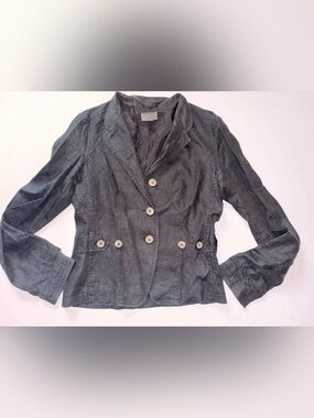 Mexx 100% Linen Blazer Jacket Black Floral Embroidered Back US 6